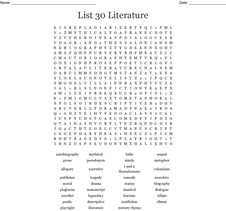Literature Word Search Puzzles Printable