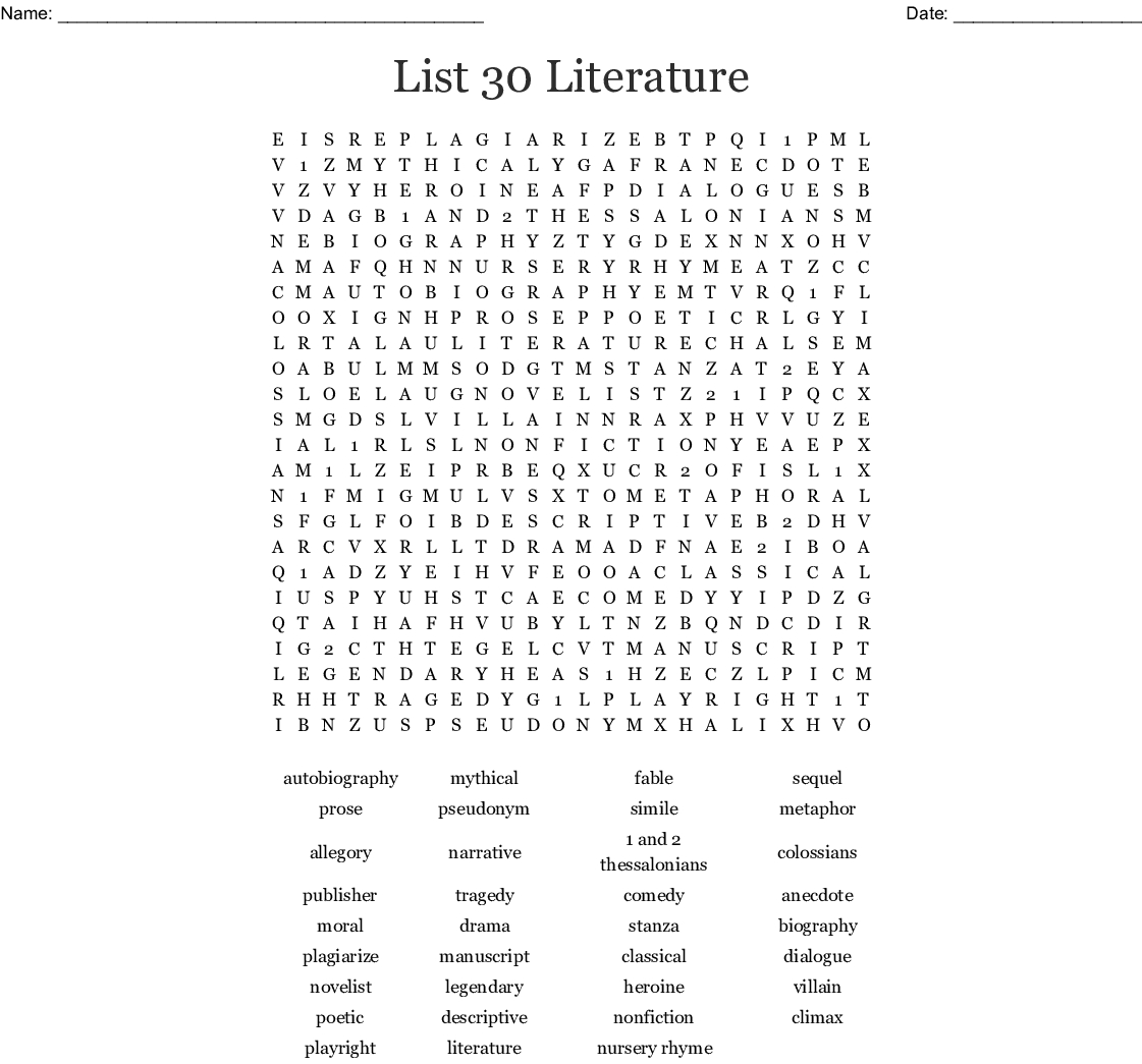 List 30 Literature Word Search - Wordmint