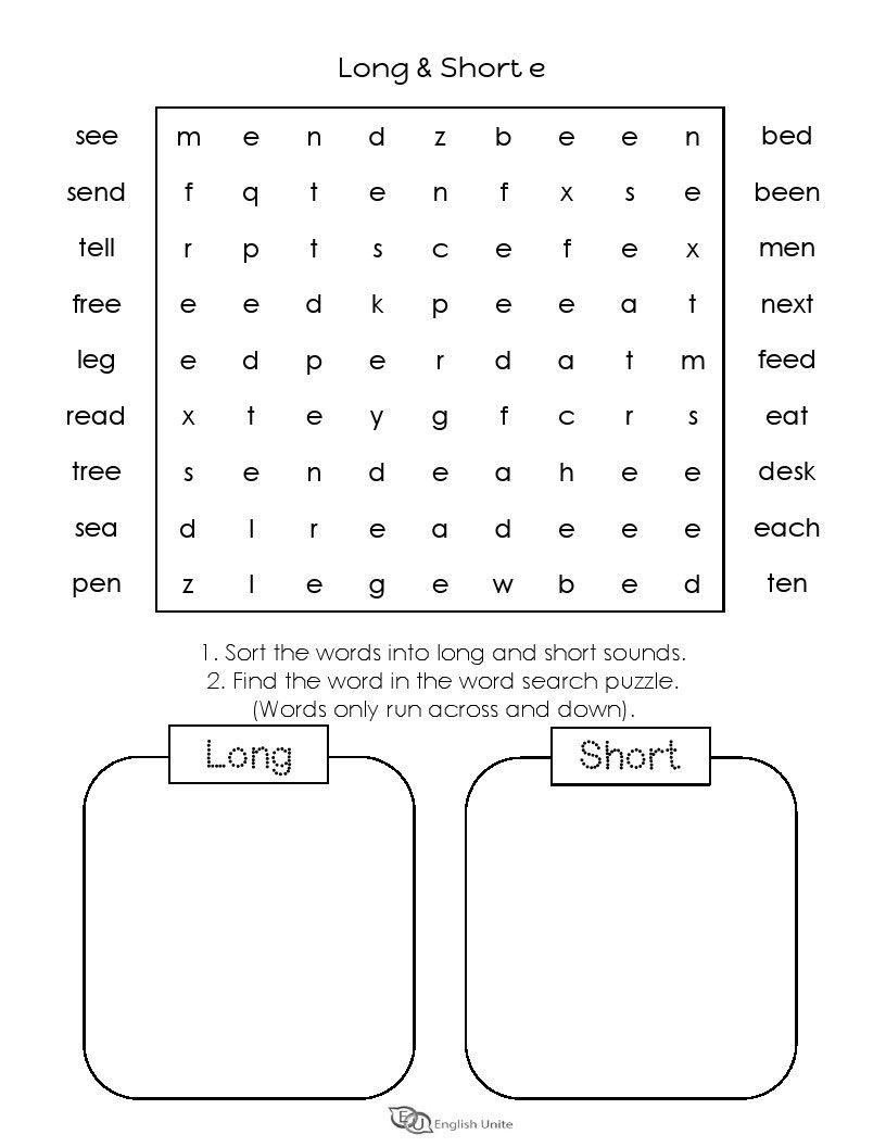 Long And Short Vowels (E) Word Search Puzzle 2 | Short Vowel