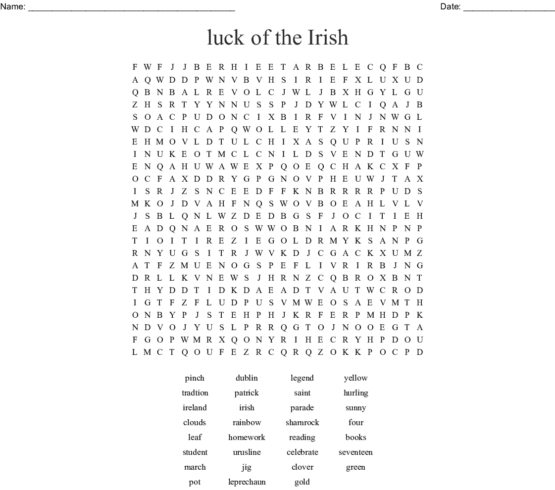 Luck Of The Irish Word Search - Wordmint