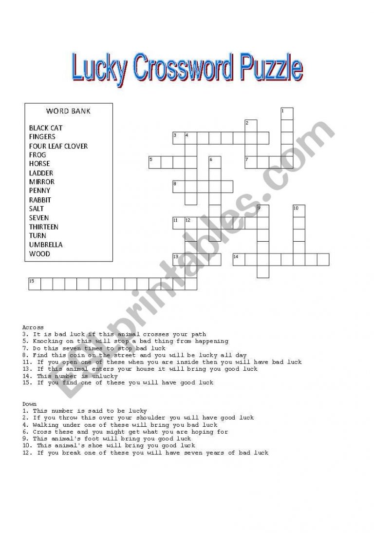 Lucky Crossword Puzzle Friday The 13Th Word Game Esl Word Search