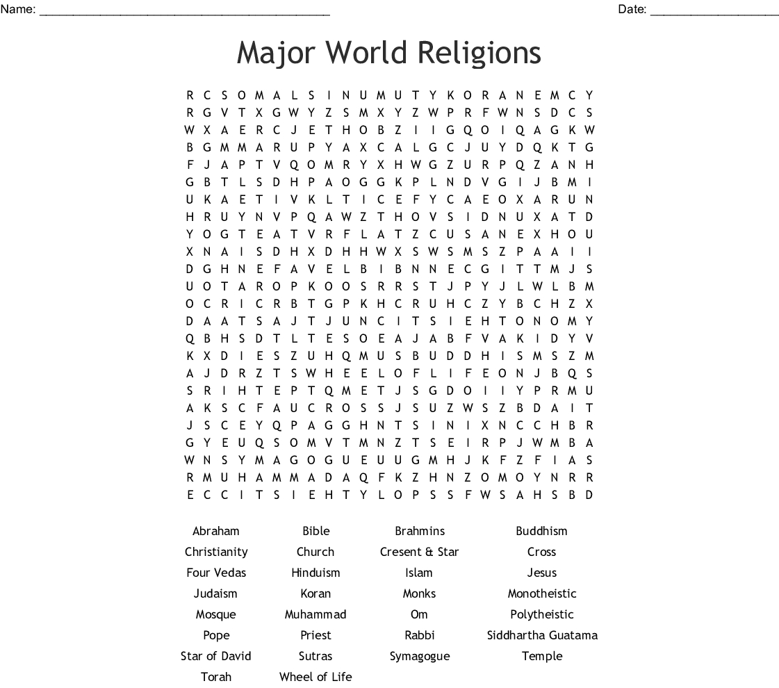 Major World Religions Word Search - Wordmint