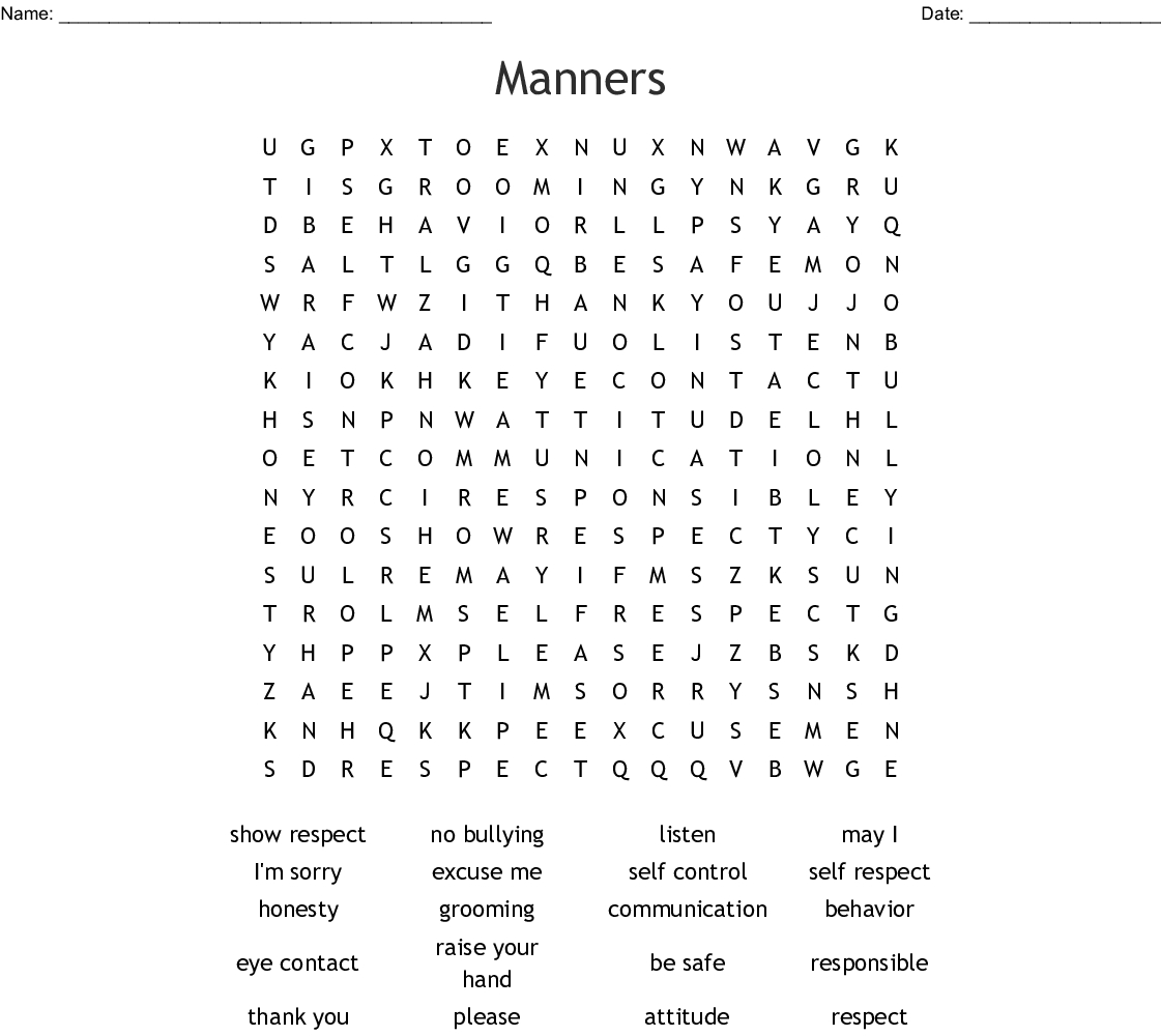 Manners Word Search - Wordmint