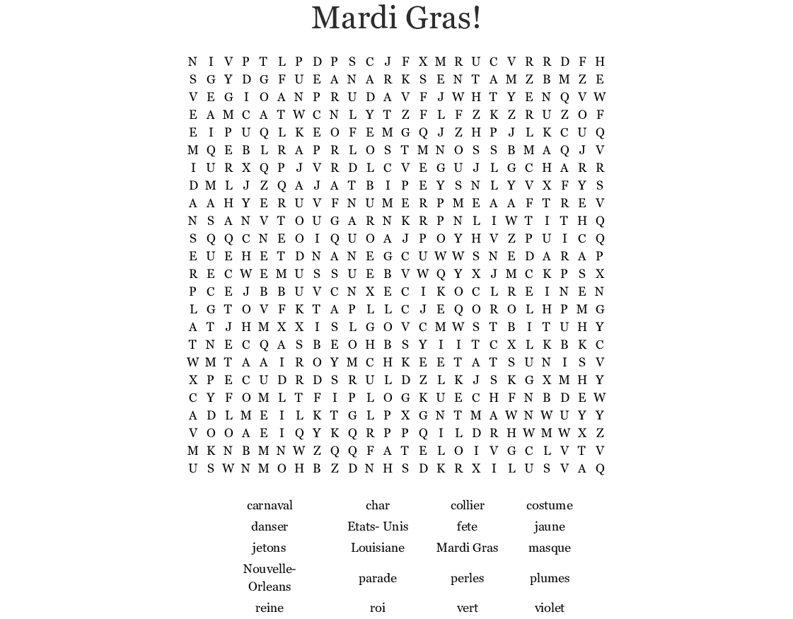 Mardi Gras! Word Search - Wordmint