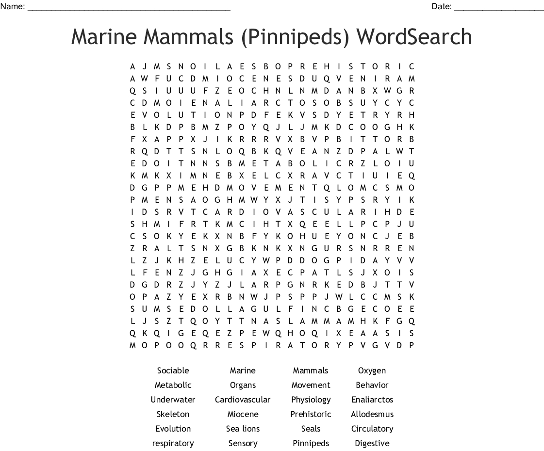 Marine Mammals (Pinnipeds) Wordsearch - Wordmint