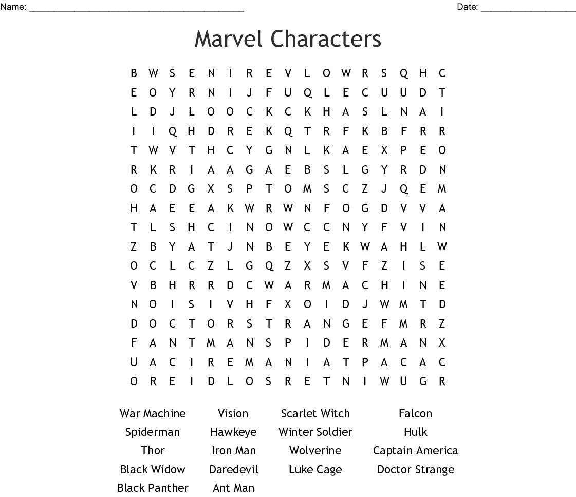 Marvel Characters Word Search - Wordmint