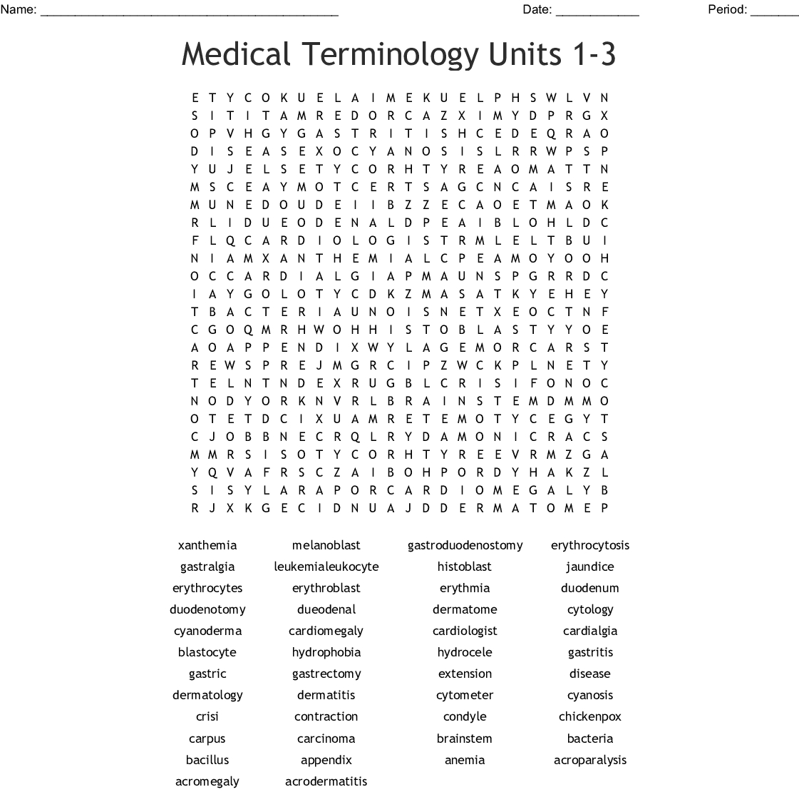 Medical Terminology Units 1-3 Word Search - Wordmint