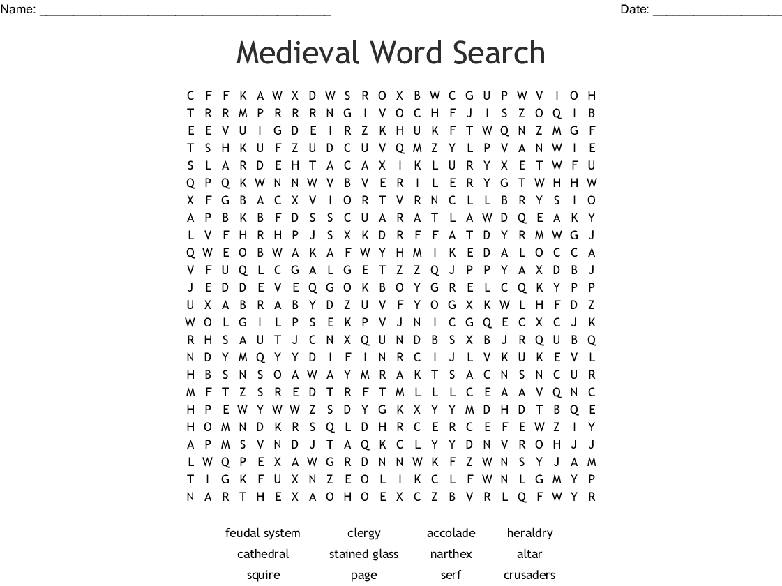 Medieval Word Search Printable