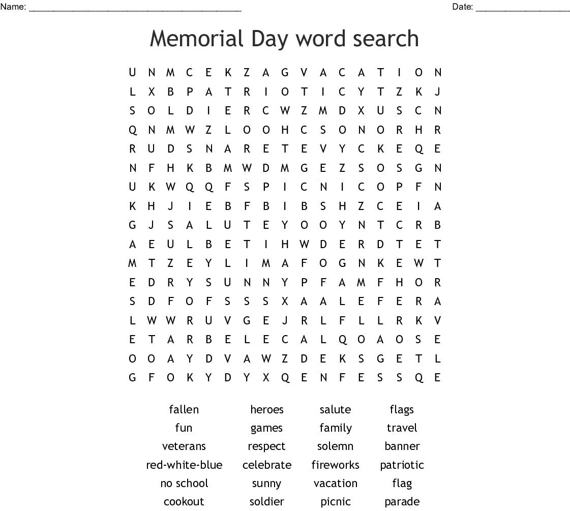 Memorial Day Word Search - Wordmint