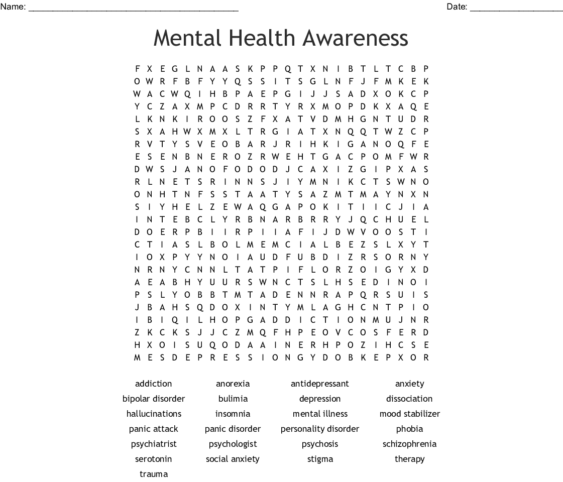 Mental Health Awareness Word Search - Wordmint