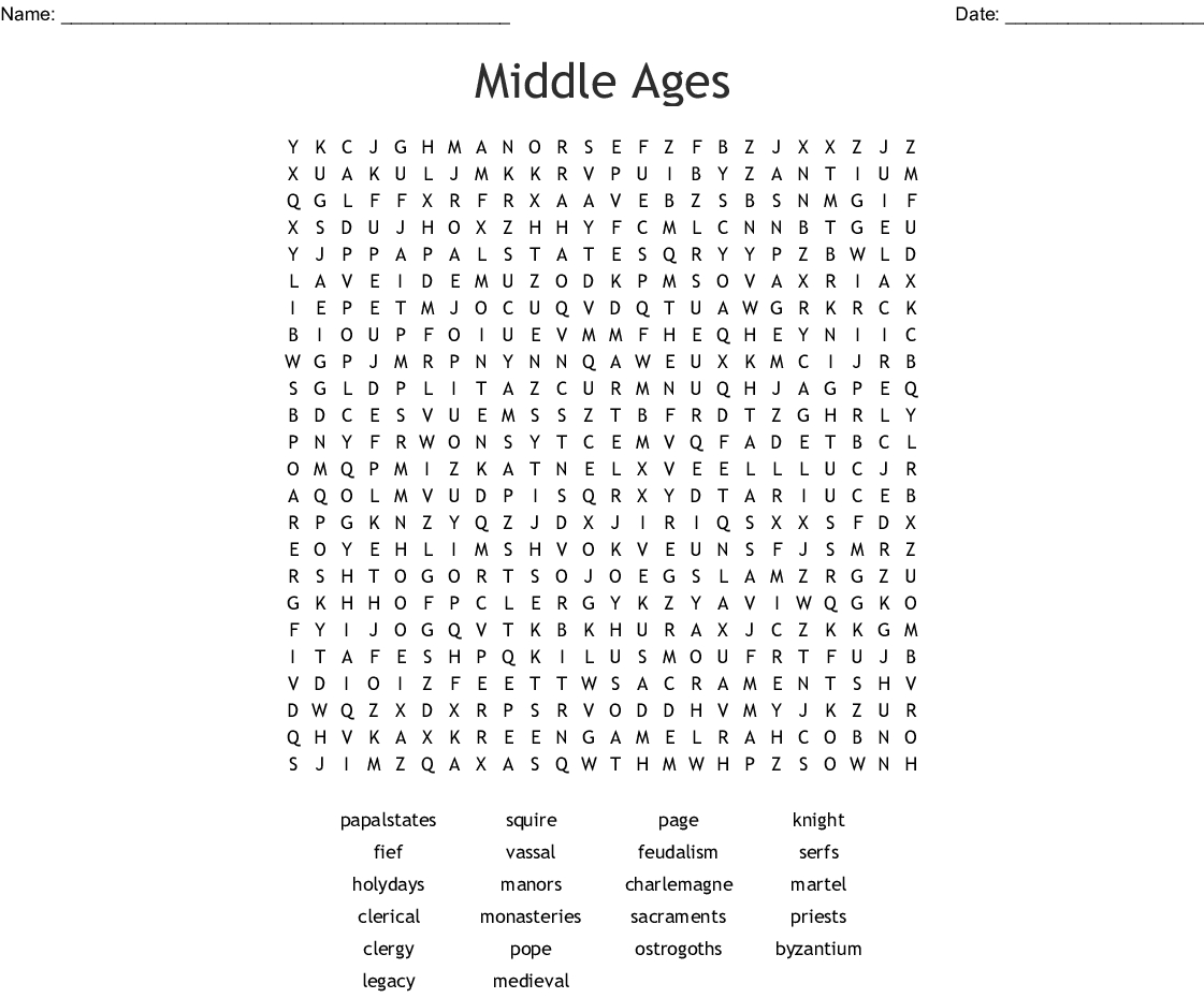 Middle Ages Word Search - Wordmint