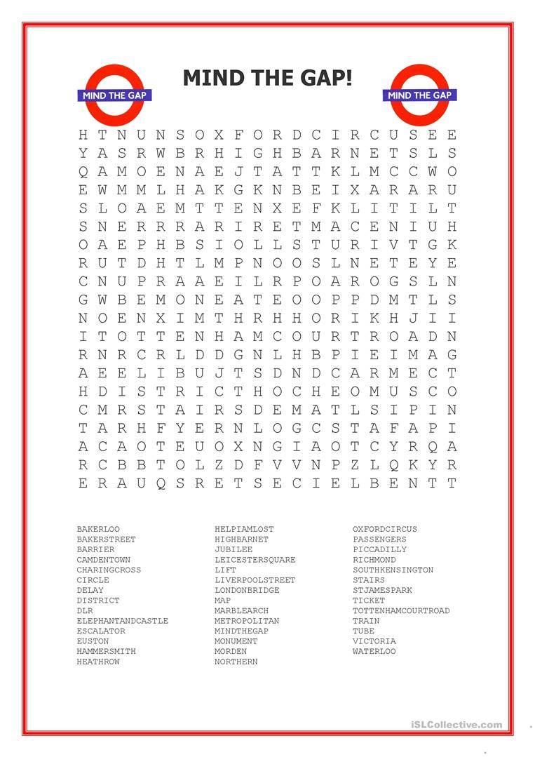 Mind The Gap! Wordsearch About The London Underground