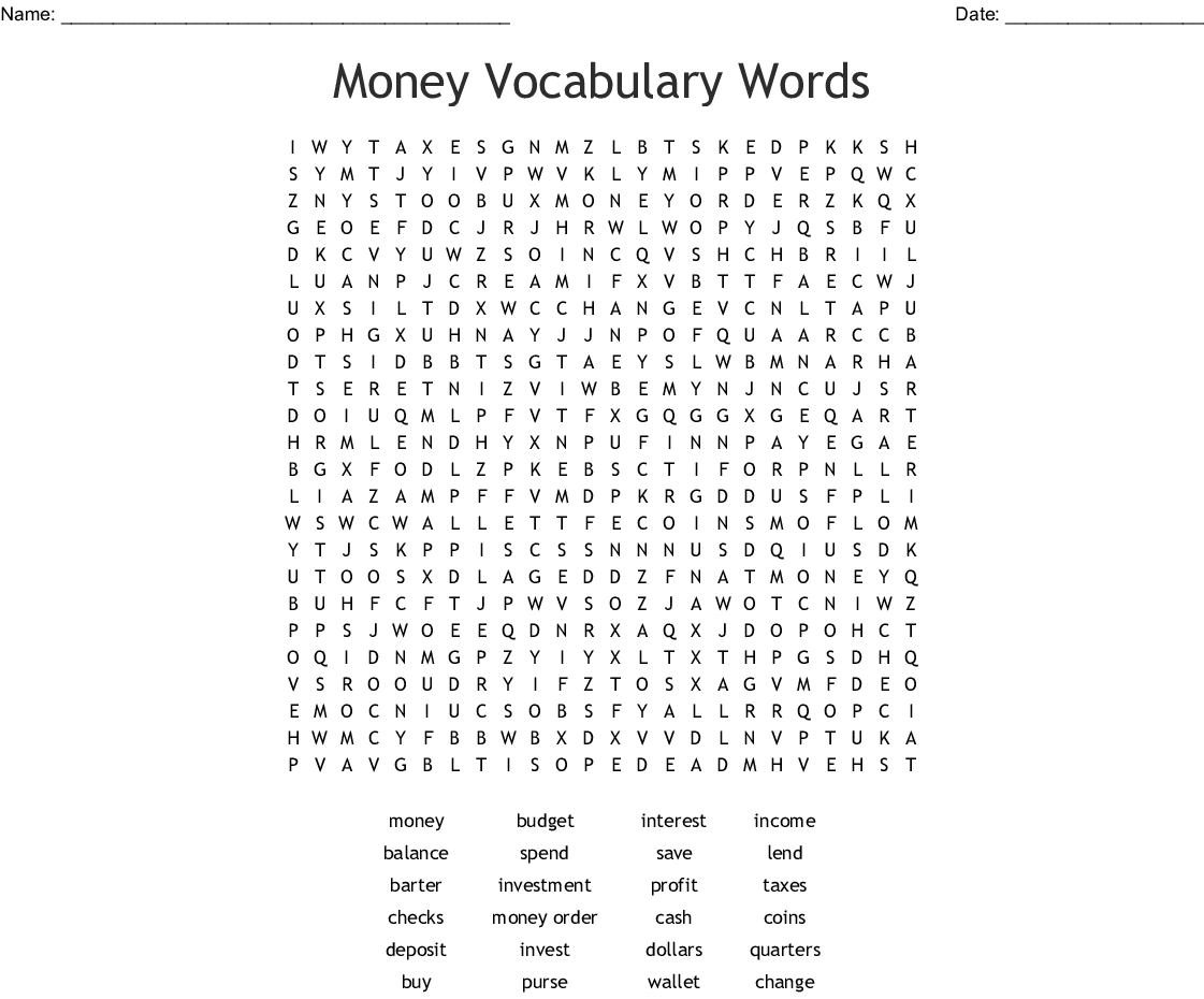 Money Vocabulary Words Word Search - Wordmint