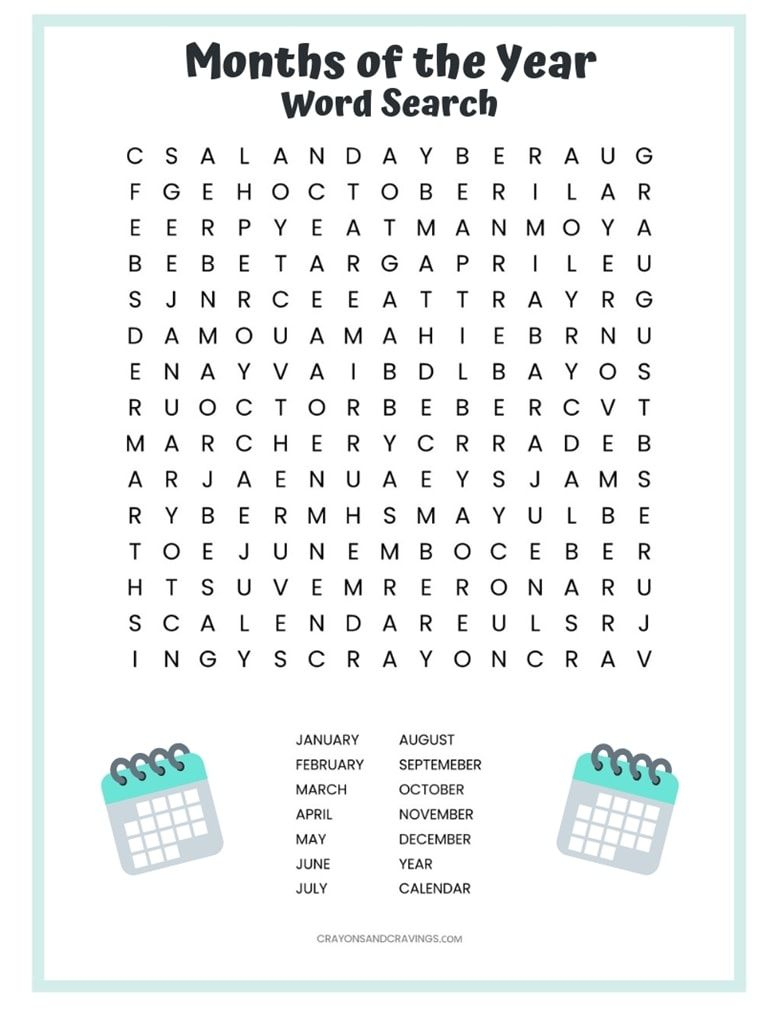 Months Of The Year Word Search Free Printable For Kids