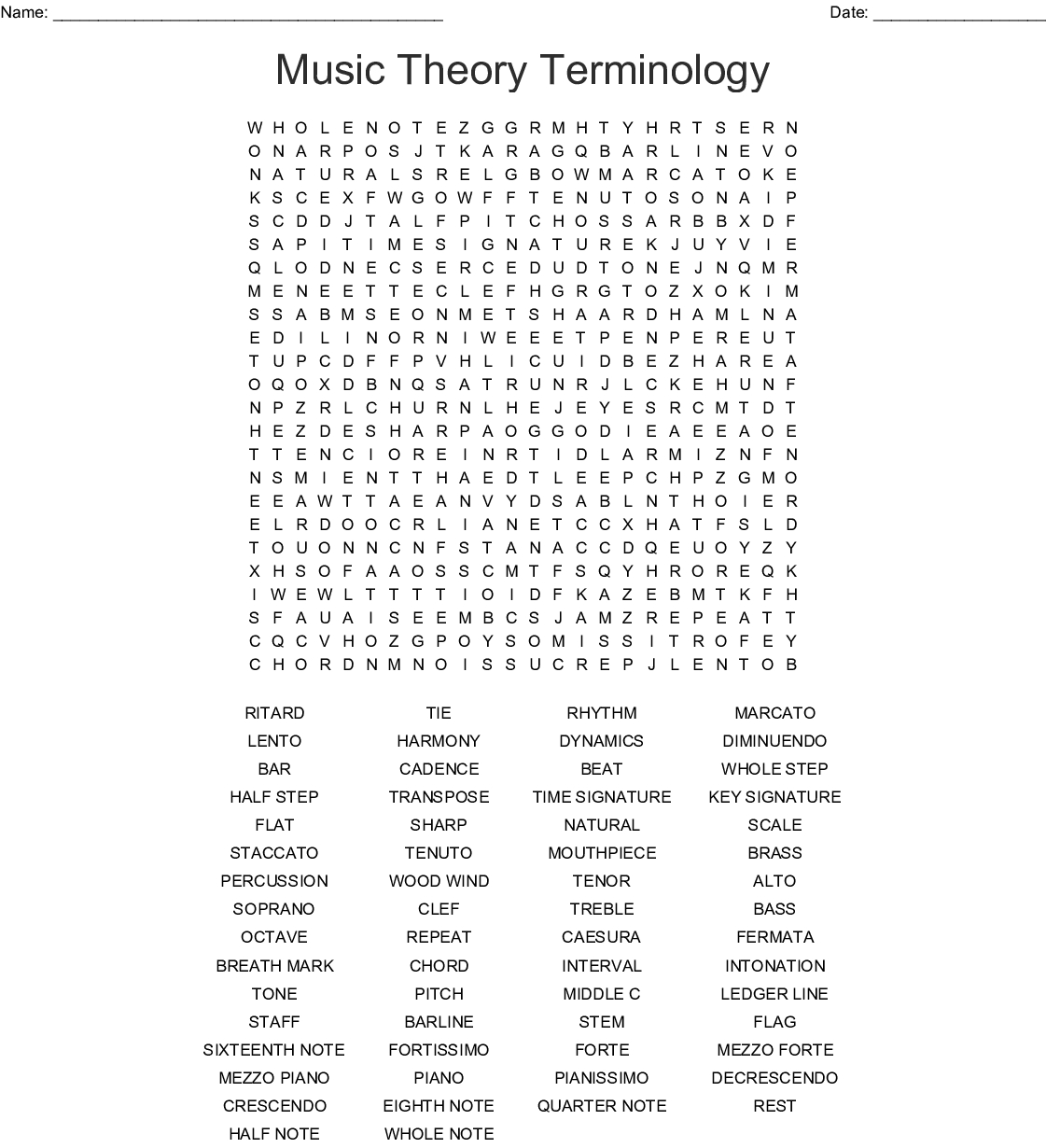 Music Terms Worksheet Answer Key