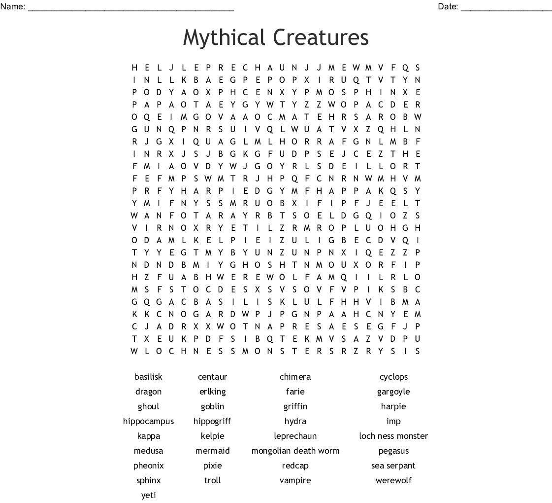 Mythical Creatures Word Search - Wordmint