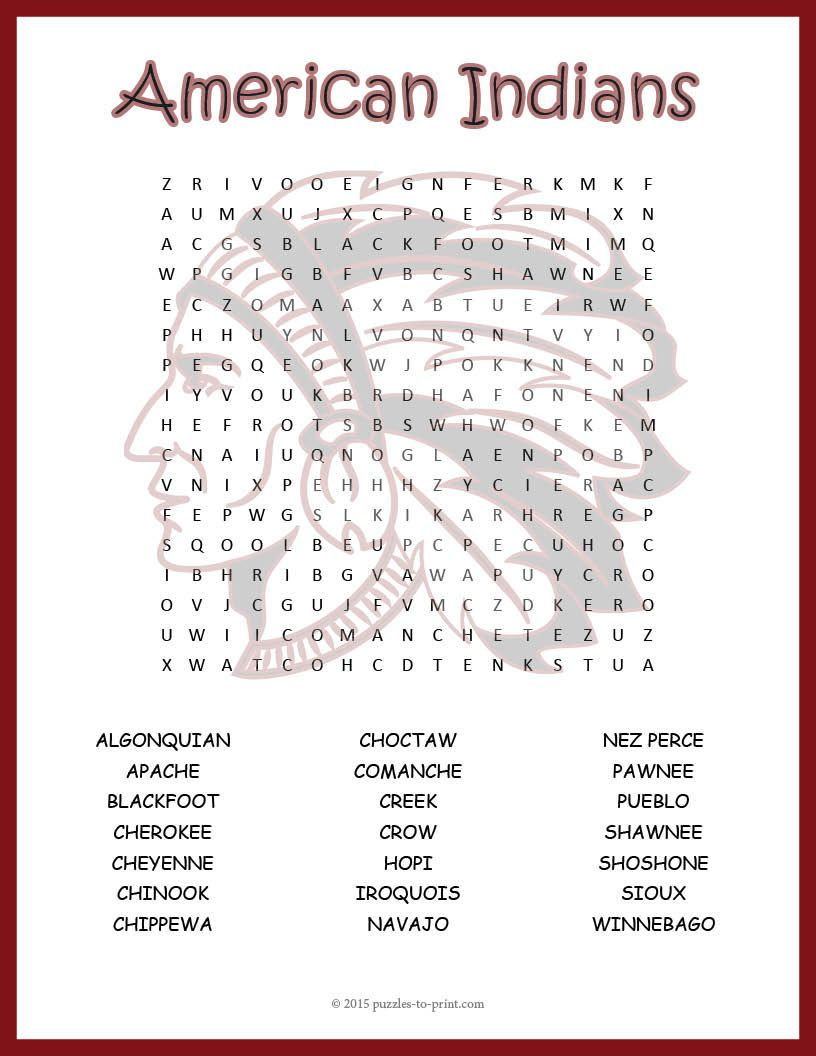 Native Americans Word Search Puzzle: Indian Tribe Names