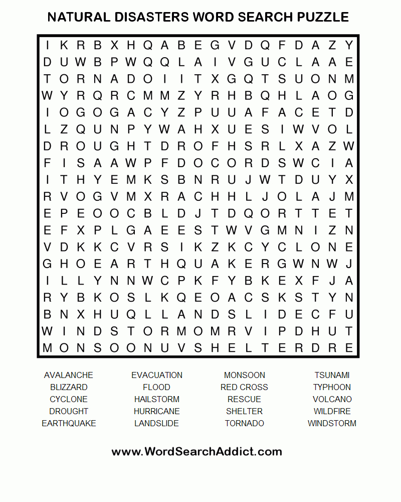 Natural Disasters Printable Word Search Puzzle | Natural