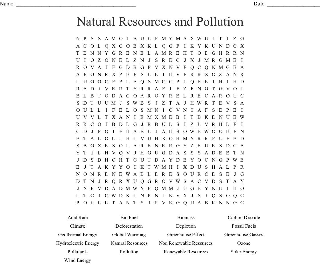 Natural Resources And Pollution Word Search - Wordmint