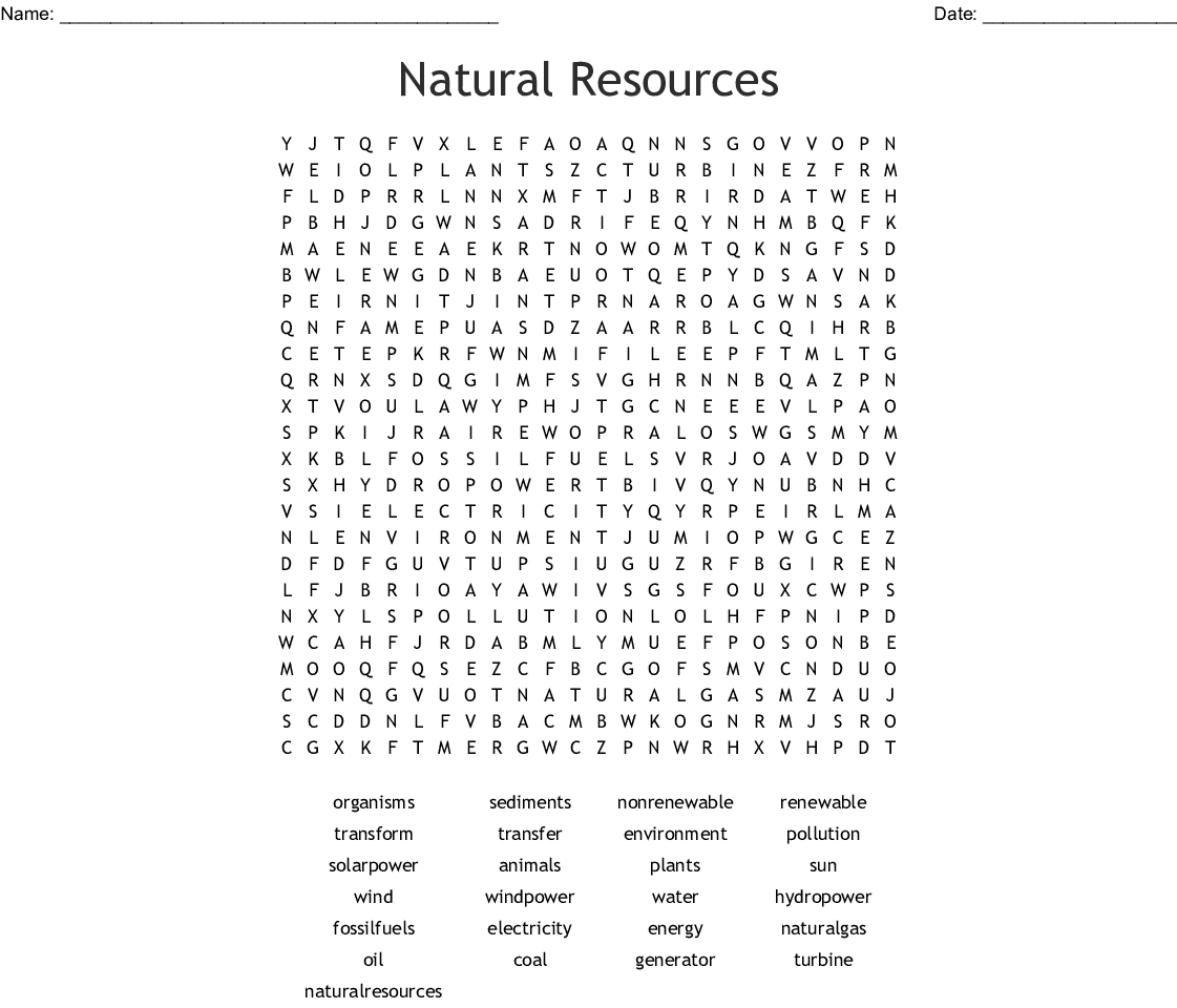 Natural Resources Word Search - Wordmint