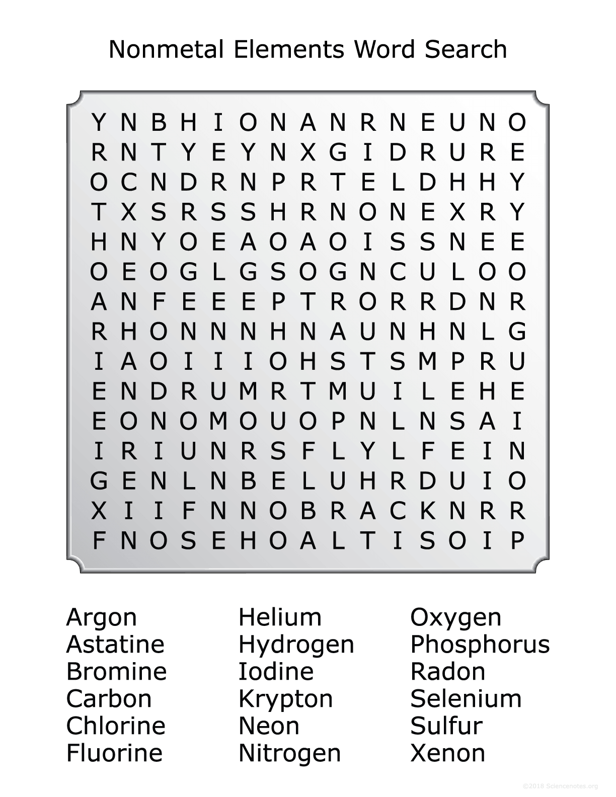 Nonmetals Word Search Puzzle