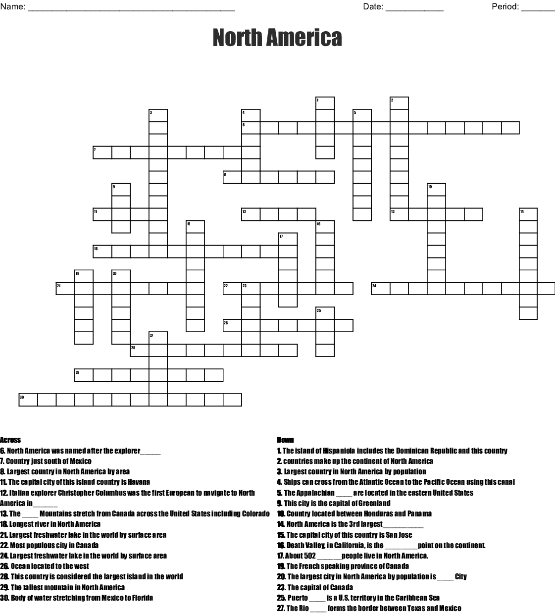 North America Crossword - Wordmint