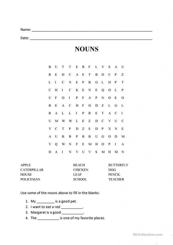 Nouns Word Search Worksheets