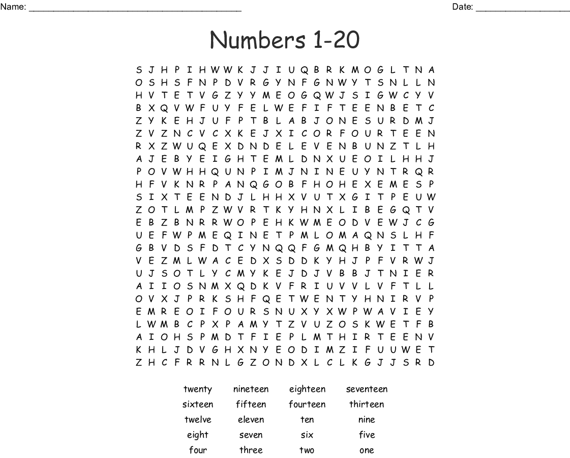 Numbers 1-20 Word Search - Wordmint