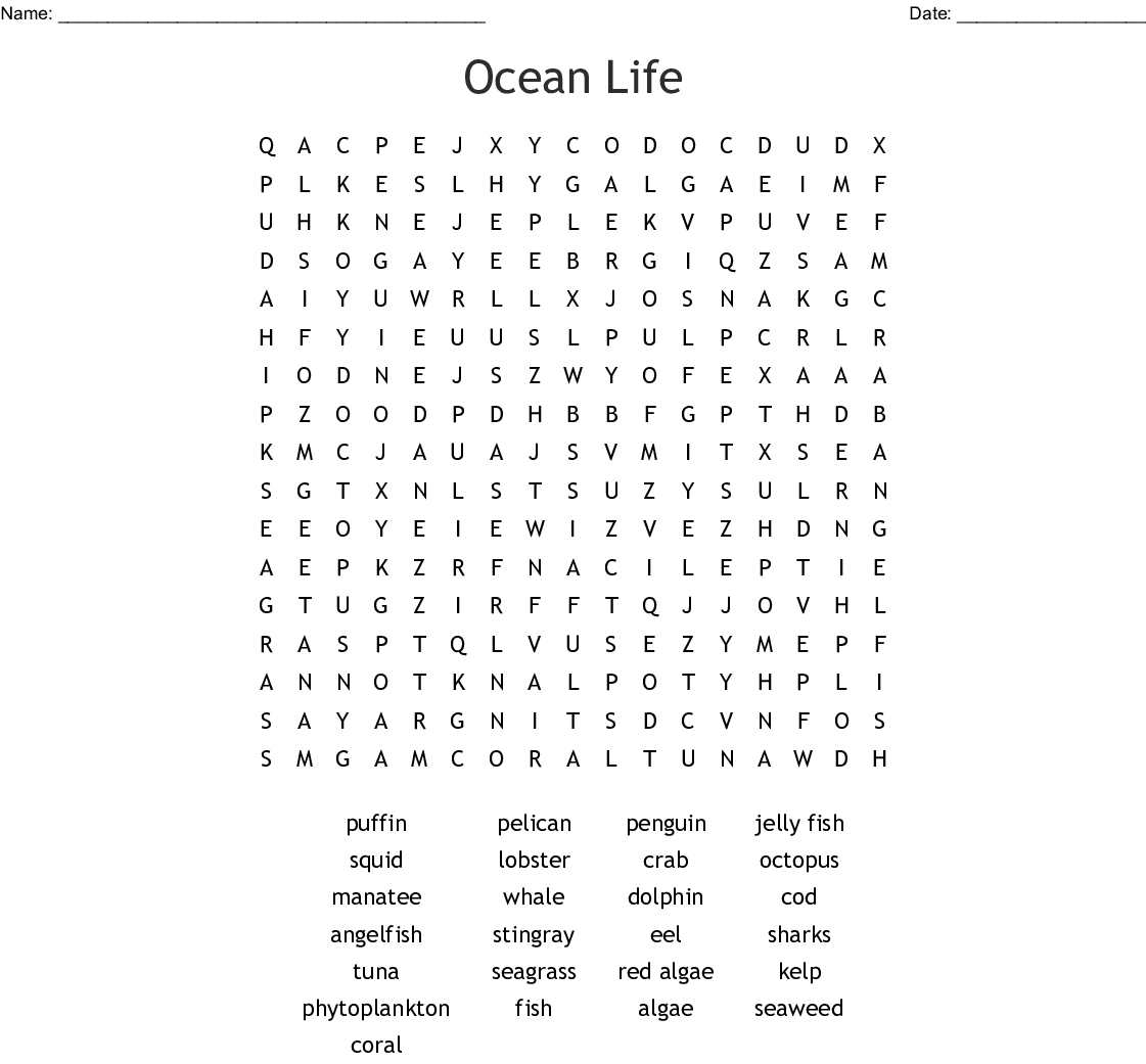 Ocean Life Word Search - Wordmint