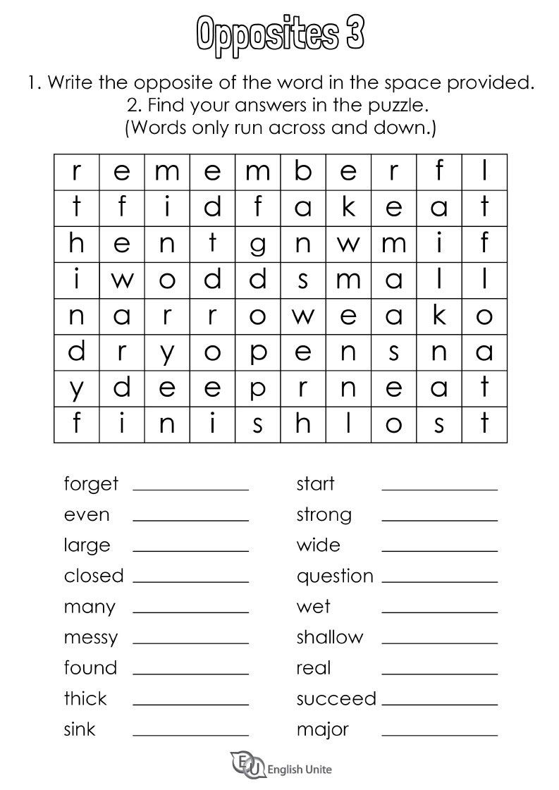 Opposites Word Search Puzzle 3 | Verb Words, Irregular Verbs