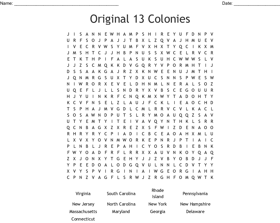 13 Colonies Word Search Free Printable