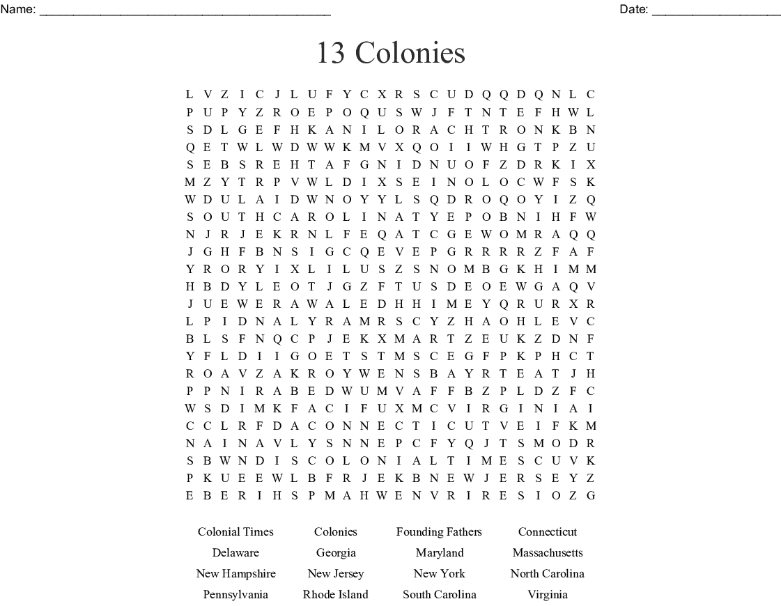Original 13 Colonies Word Search - Wordmint