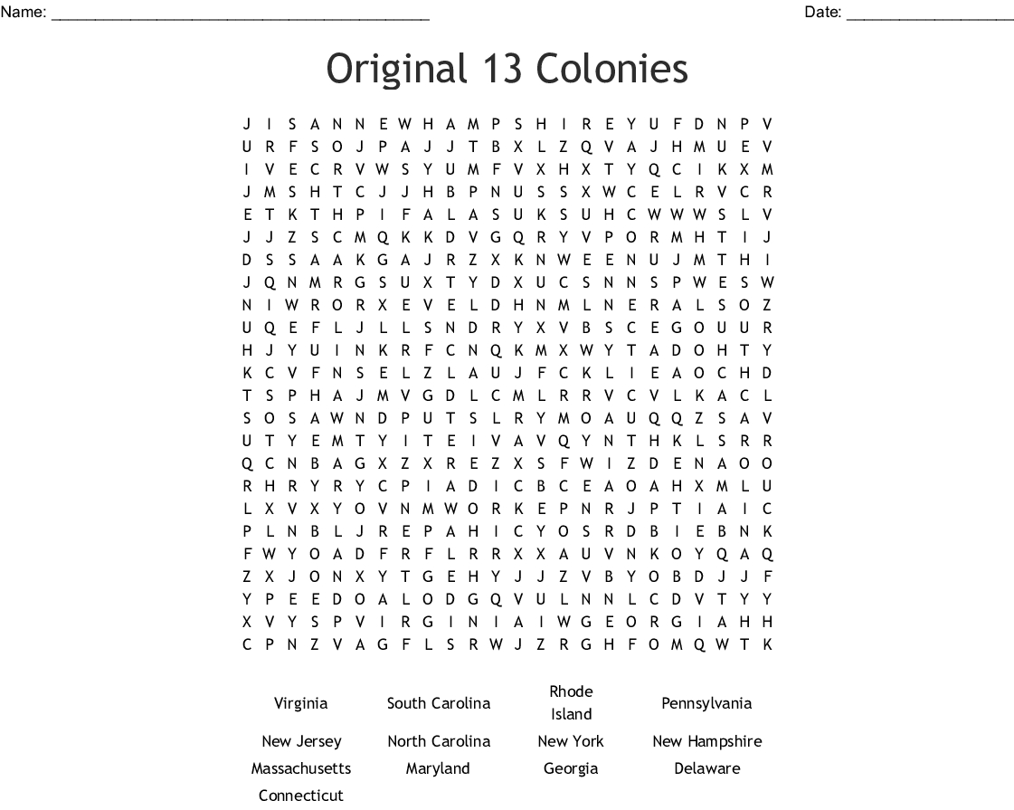 Original 13 Colonies Word Search - Wordmint