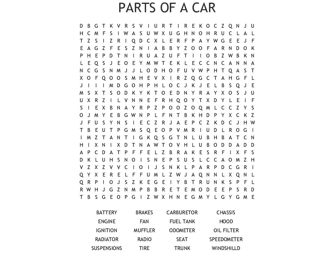 Parts Of A Car Word Search - Wordmint