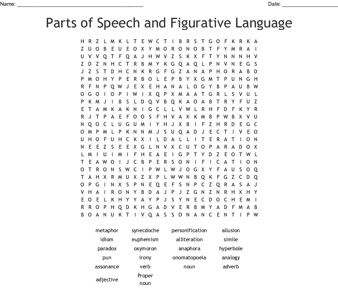 Parts Of Speech And Figurative Language Word Search - Wordmint