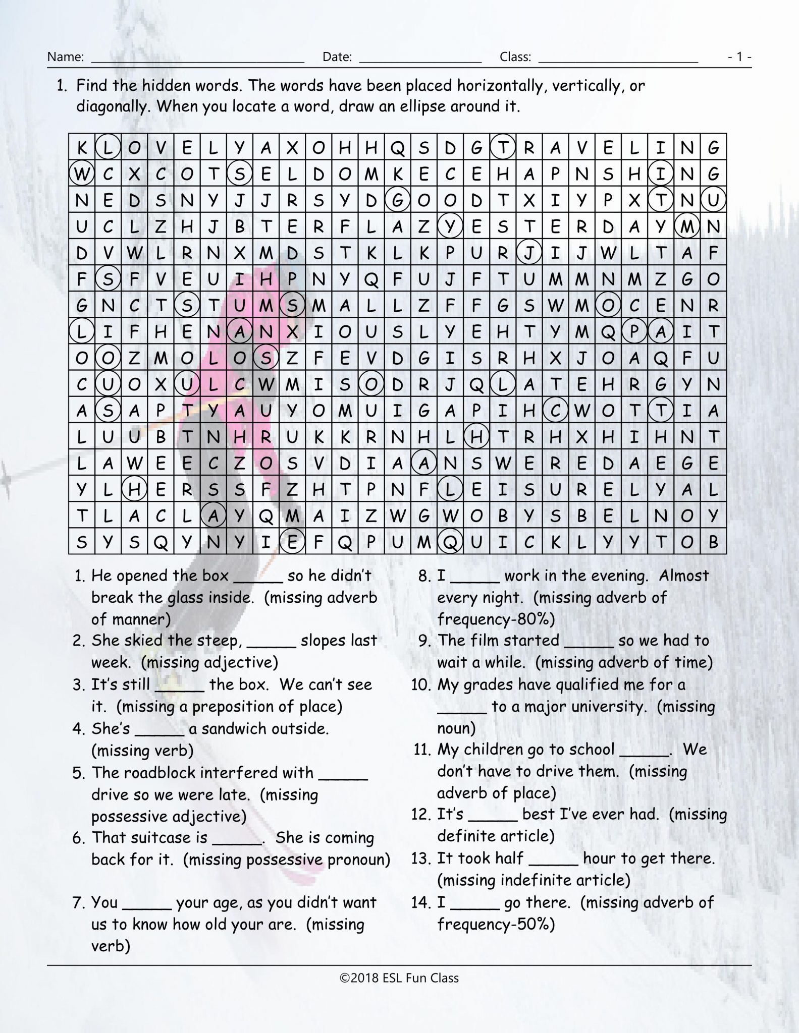 Parts Of Speech Word Search Answers