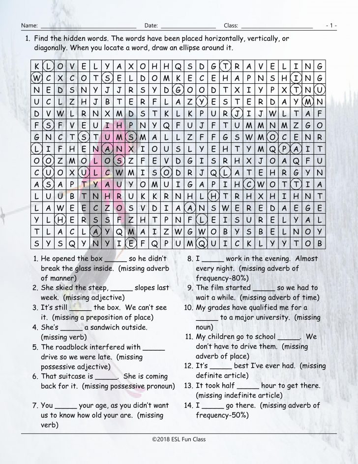 Parts Of Speech Word Search Printable