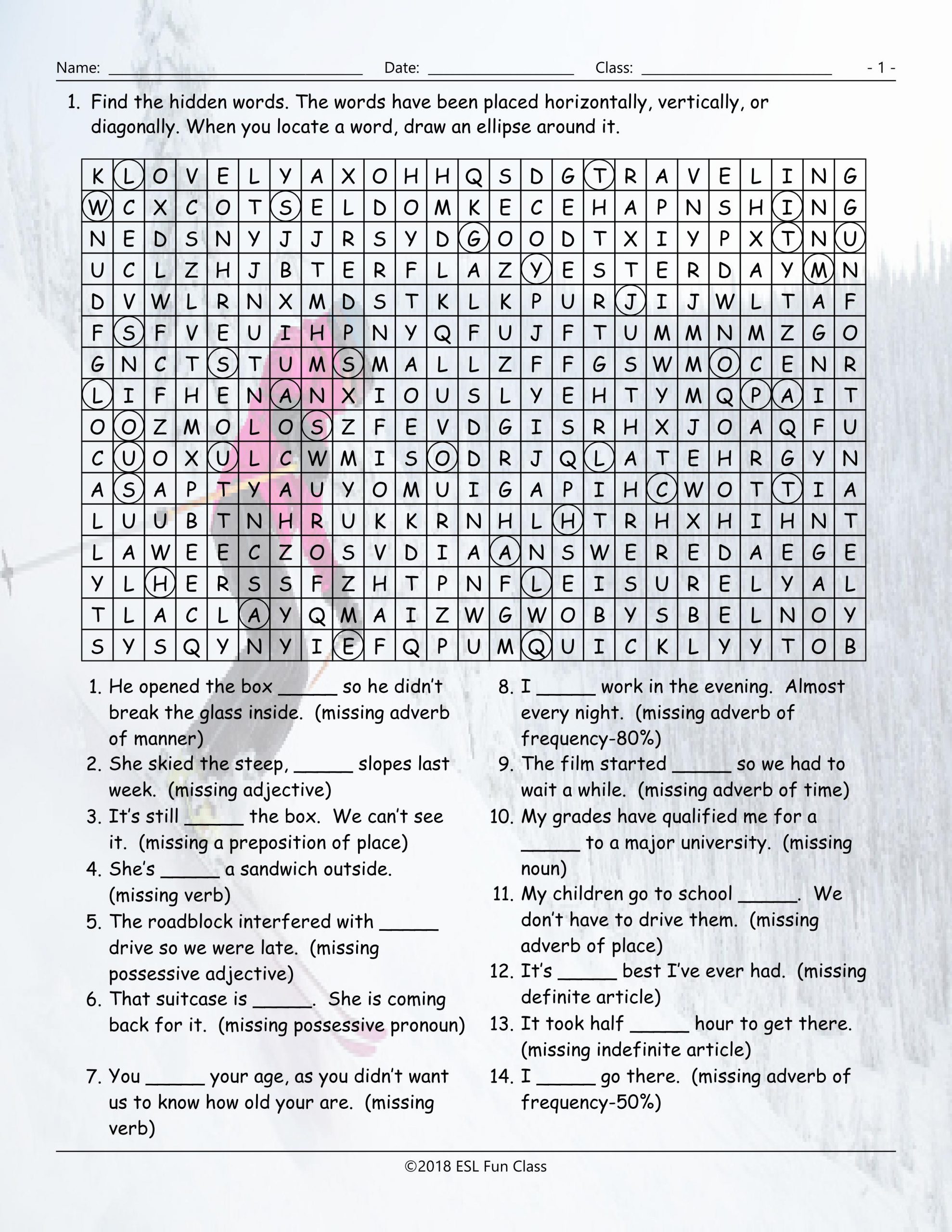 Parts Of Speech Word Search Worksheet