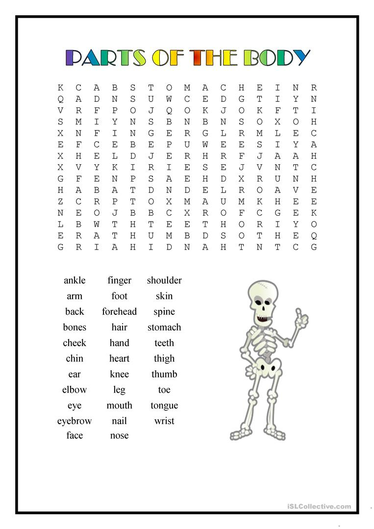 Parts Of The Body Wordsearch - English Esl Worksheets For