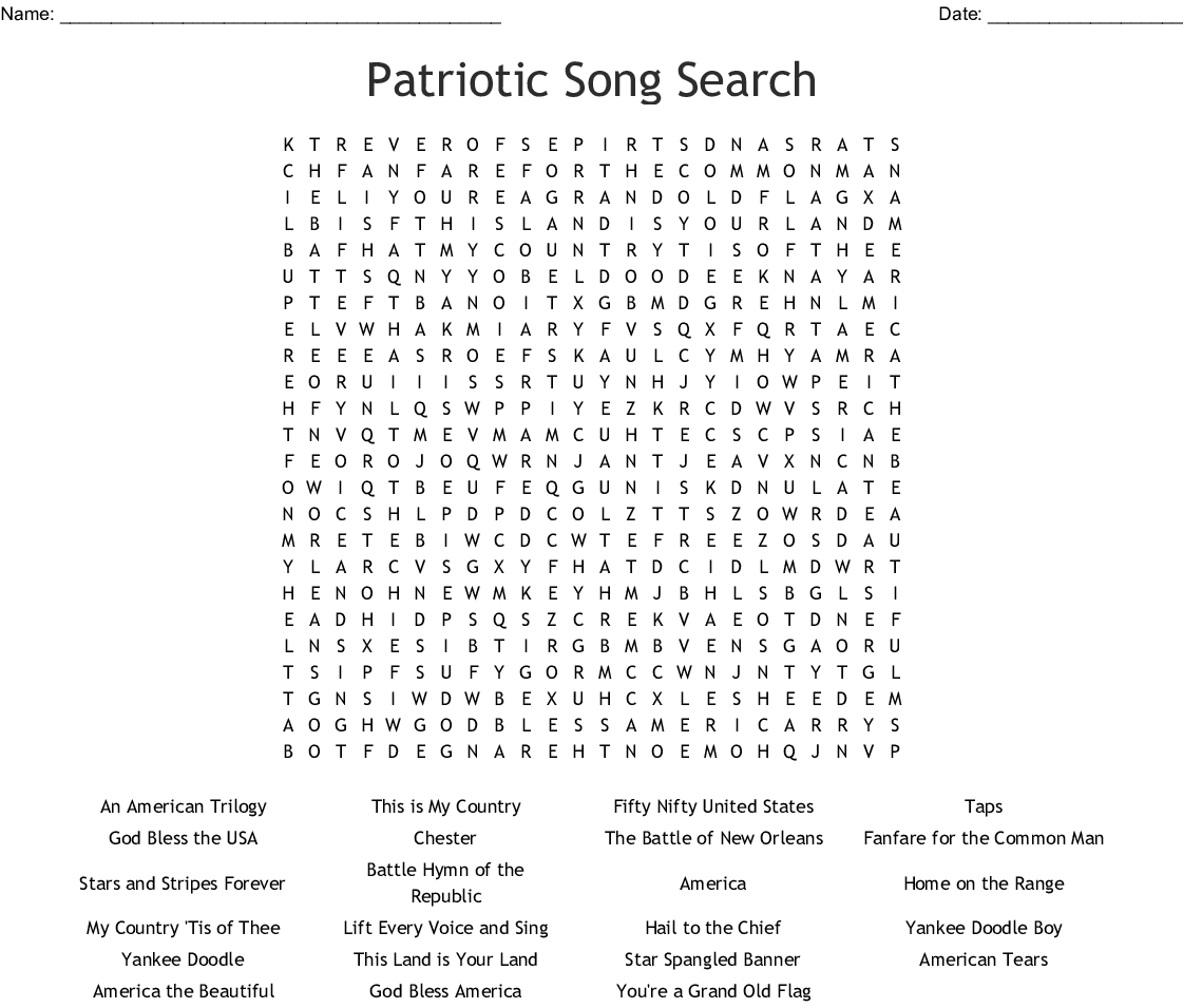 Patriotic Song Search Word Search - Wordmint