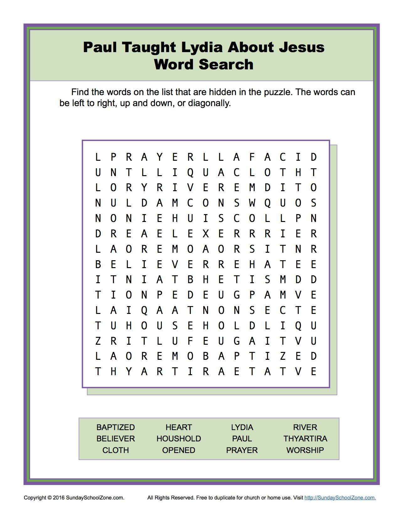 Paul Taught Lydia About Jesus Word Search | Sunday School