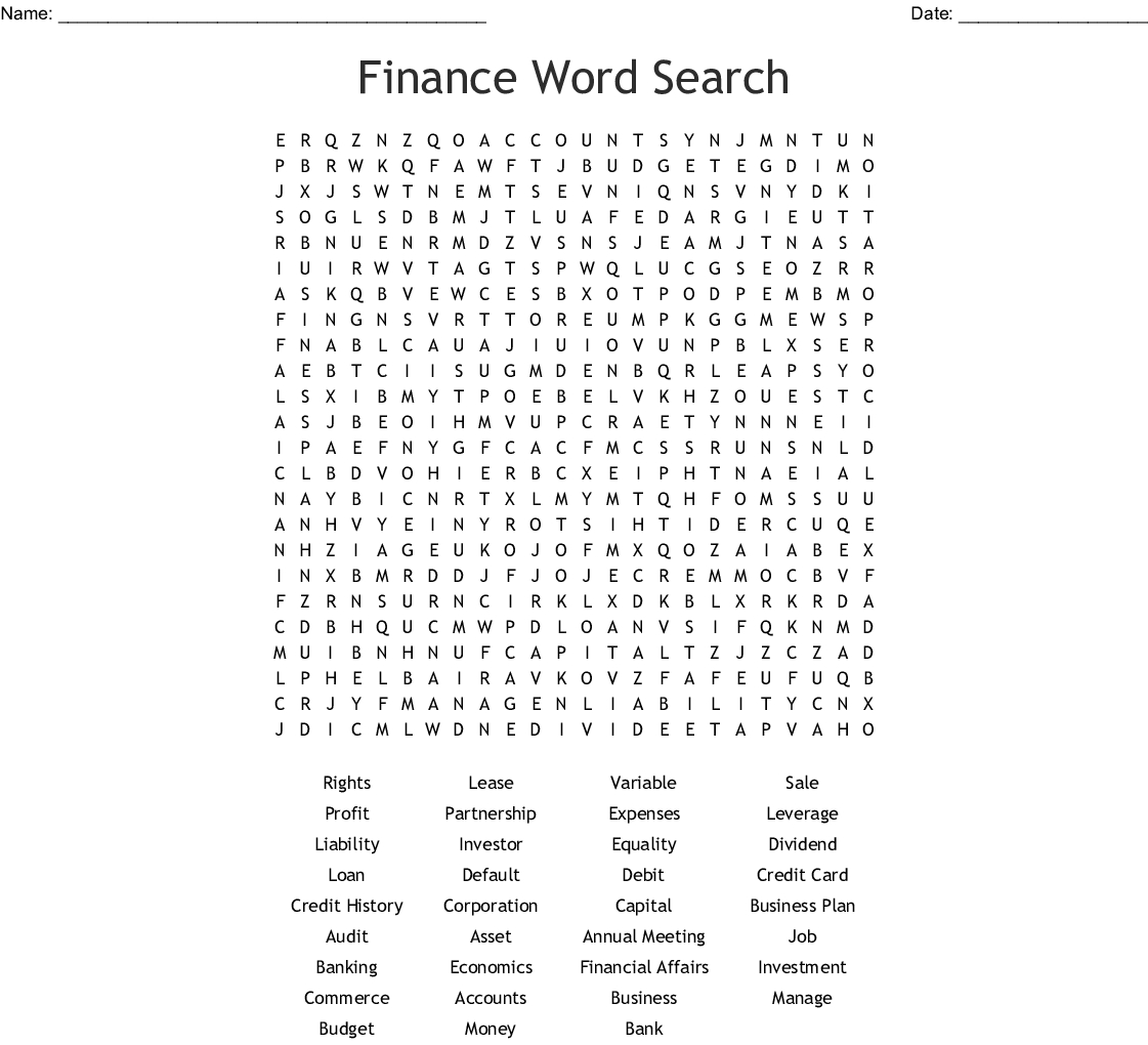 Personal Financial Literacy Word Search - Wordmint
