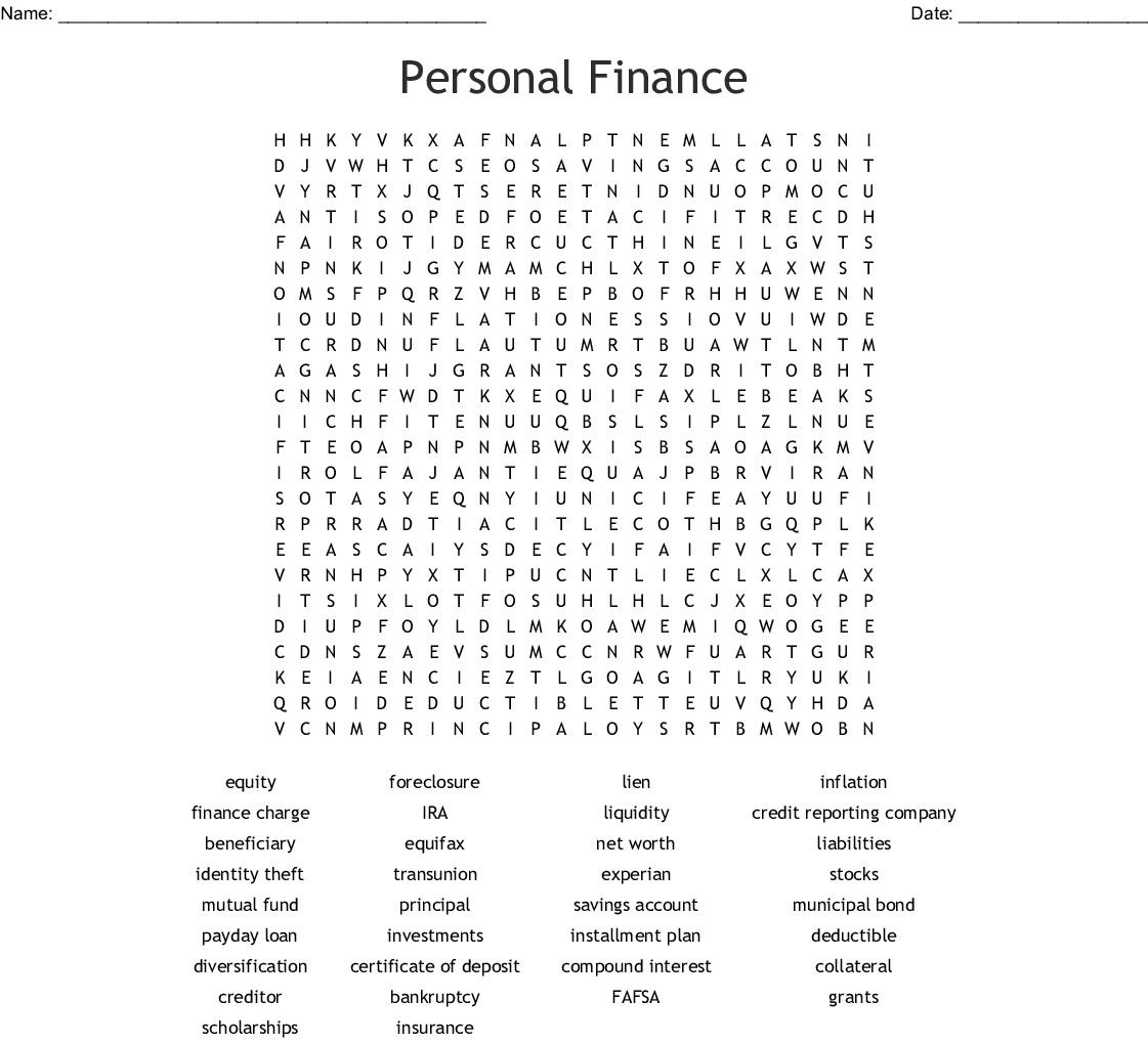 Personal Financial Literacy Word Search - Wordmint