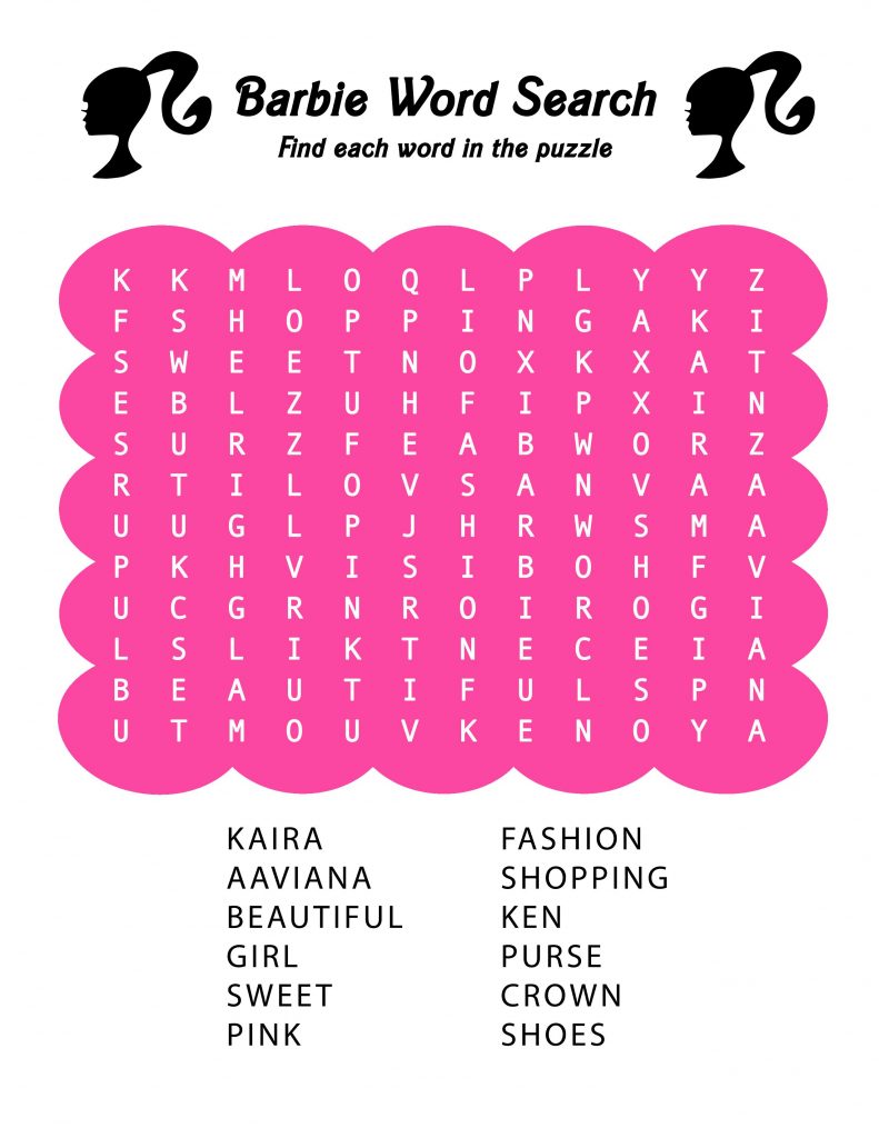 Personalized Activity Sheets!!! Barbie Birthday Word Search Printable