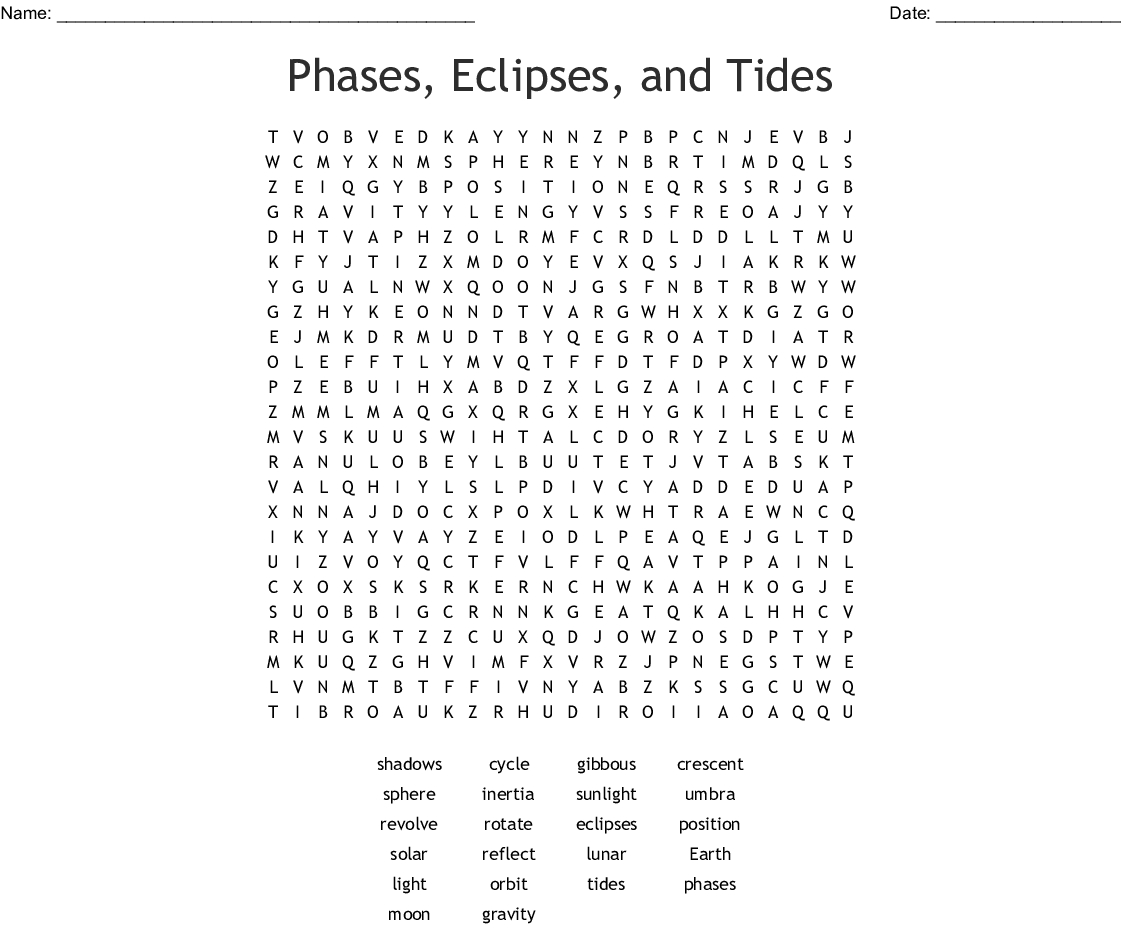 Phases, Eclipses, And Tides Word Search - Wordmint