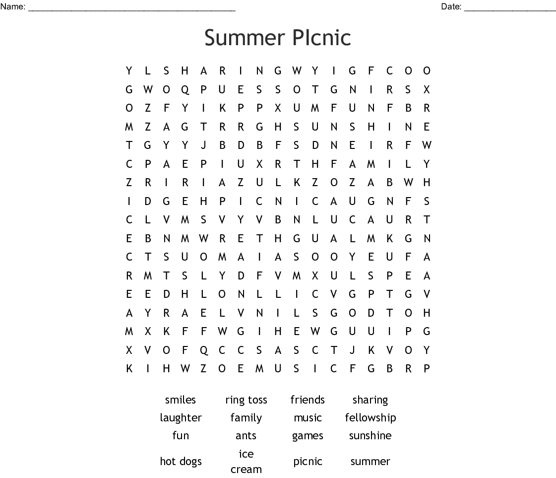 Picnic Wordsearch - Wordmint