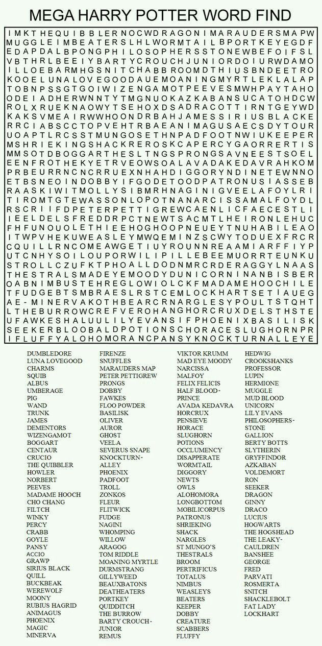 Harry Potter Printable Word Search