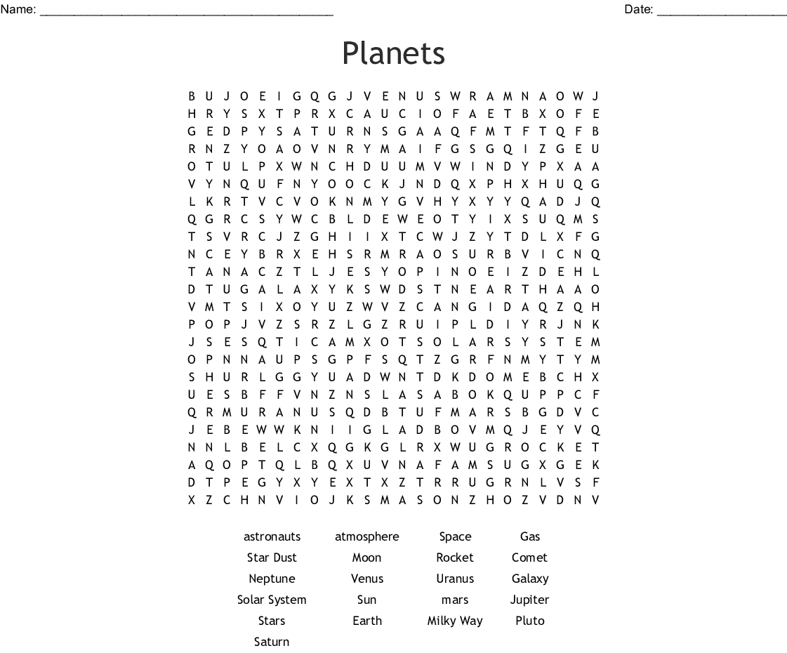 Planets Word Search - Wordmint