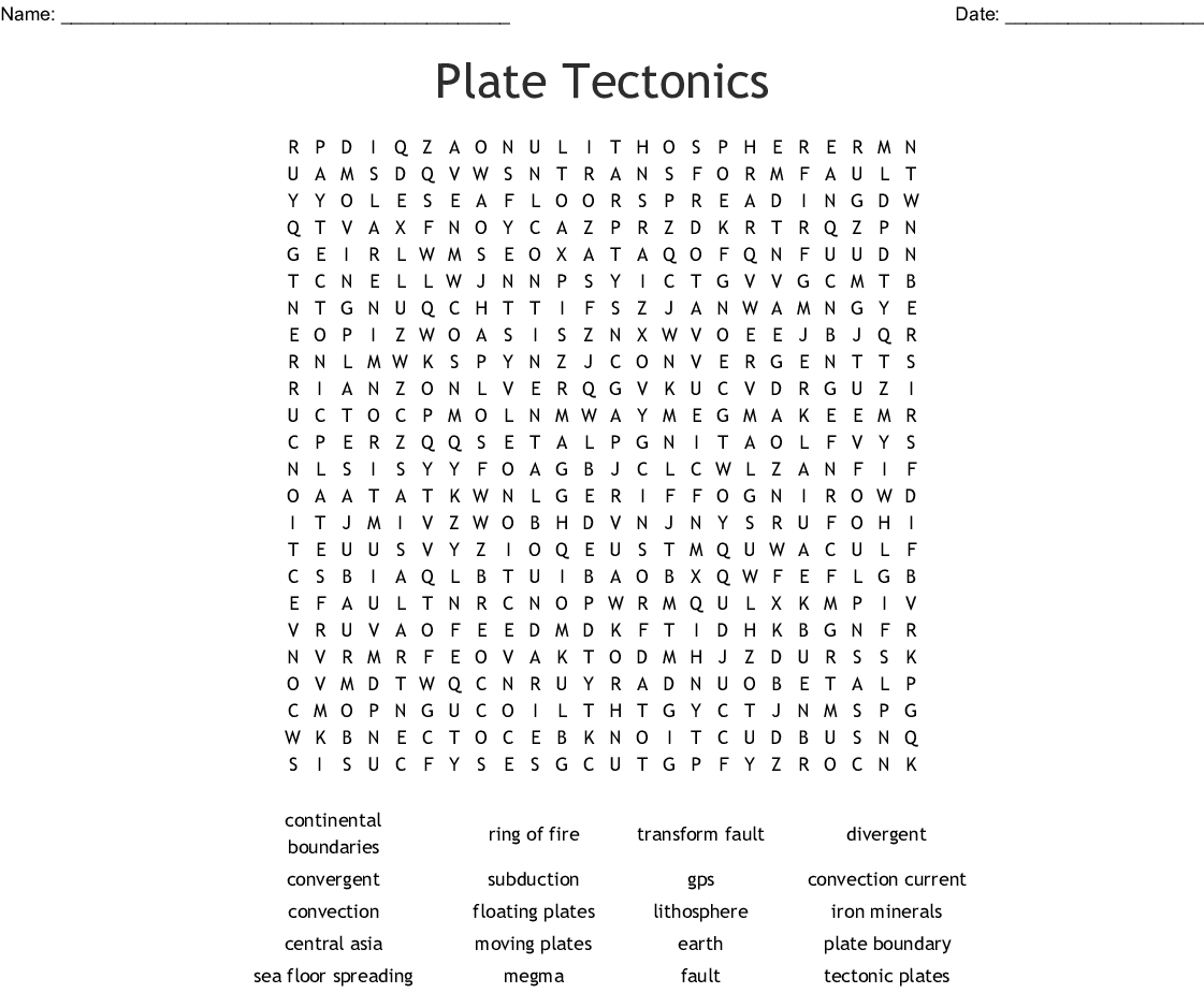 Plate Tectonics Word Search - Wordmint