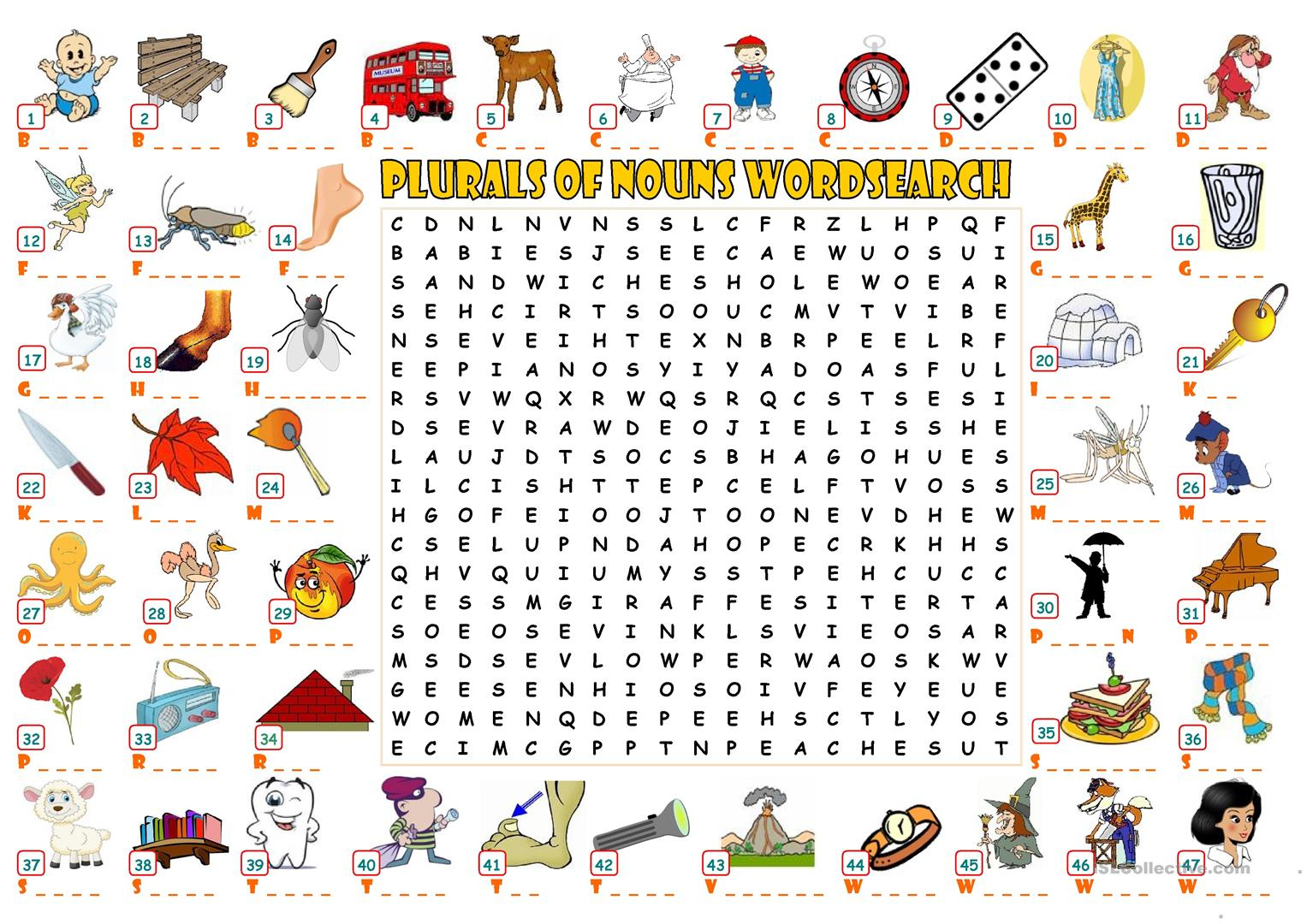 Plurals Of Nouns - Wordsearch - English Esl Worksheets For